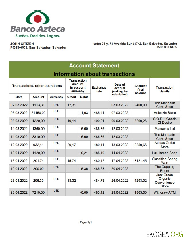 Relevé bancaire de Salvador Banco Azteca